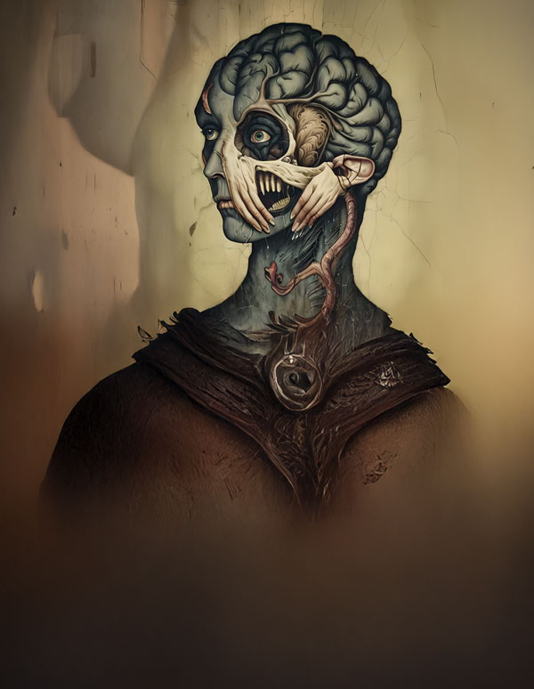 Anatomical exploration of a human head with exposed brain and facial muscles, an intricate AI artwork by Coral Hine featured on Apothcrypha, inspiring awareness about long COVID's neurological effects.