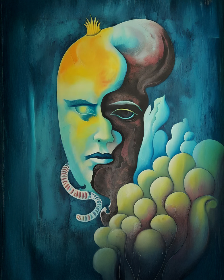 apothcrypha-living-with-long-covid,-the-other-side copy Vivid surreal artwork showcasing the integration of the human body with nutrient-rich foods and natural elements, symbolizing the role of diet, supplements, and teas in supporting recovery from Long COVID symptoms, featured on Apothcrypha's daily living and wellness page.
