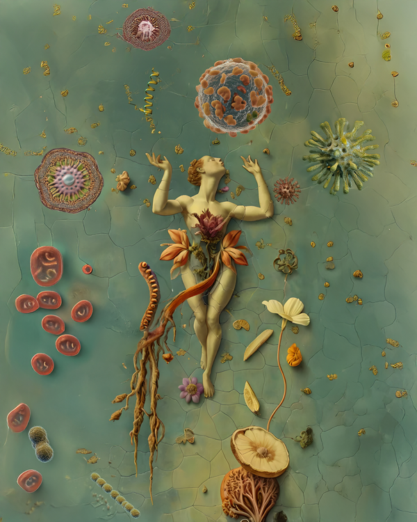 A surreal, artistic depiction of a woman intertwined with roots, mushrooms, and cellular structures, floating in a dreamy microbiological landscape. The words "Could it be as simple as KOMBUCHA?" overlay the ethereal design, tying nature to science.